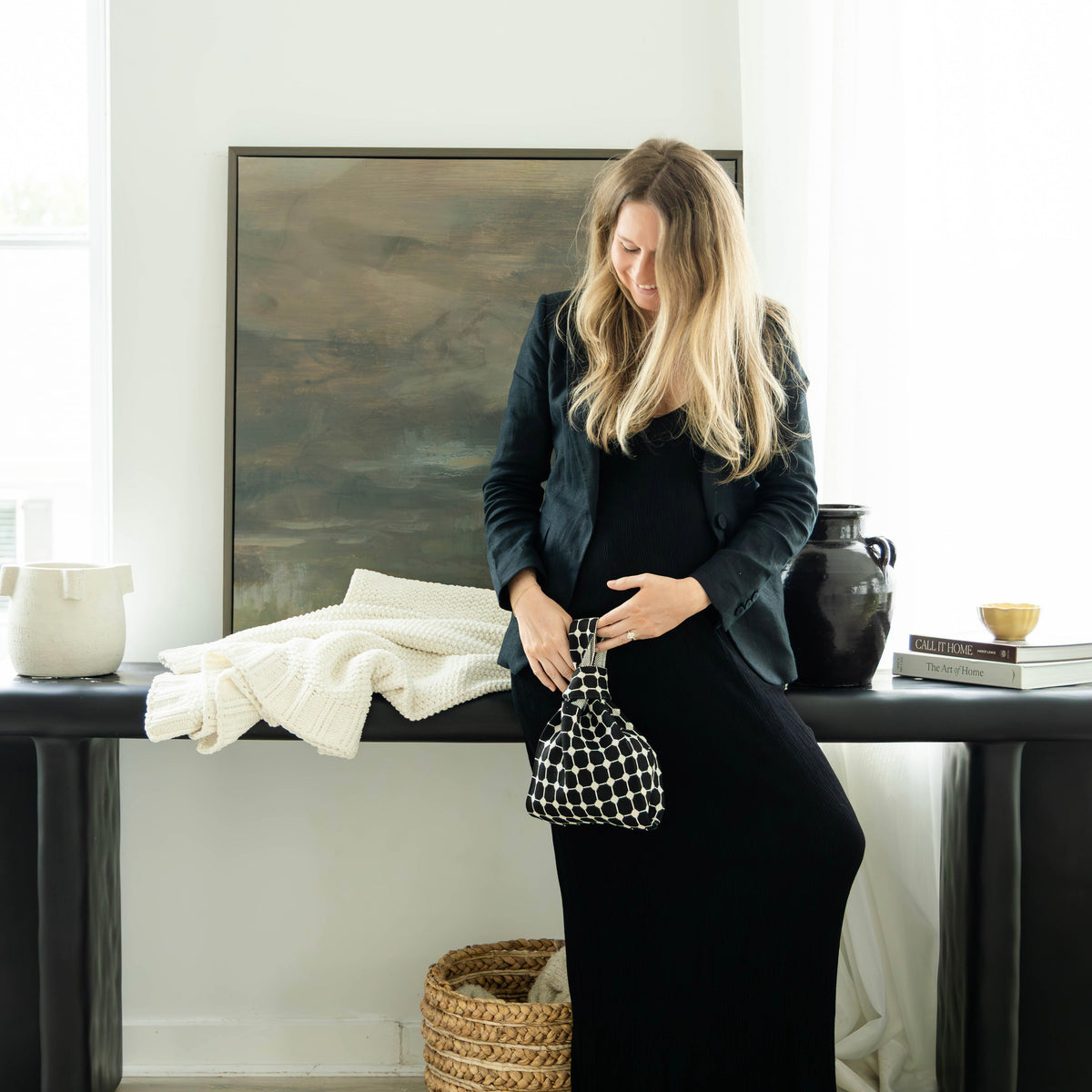The Matrix Handbag in black and white Matrix pattern, machine washable top handle bag with our signature knot, view 3