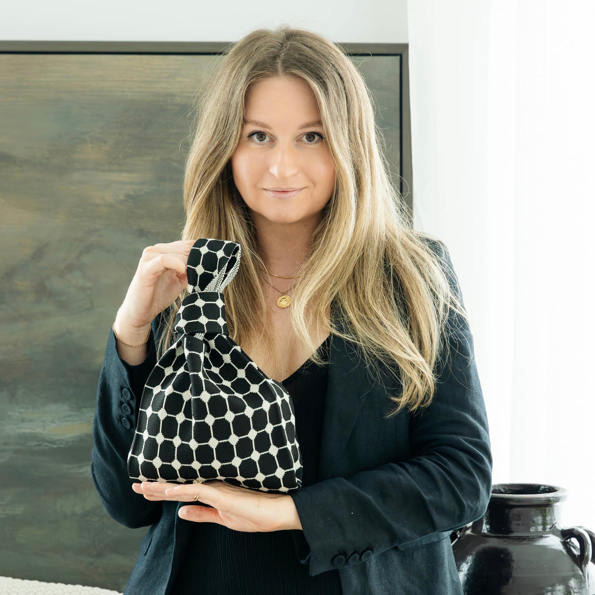 The Matrix Handbag in black and white Matrix pattern, machine washable top handle bag with our signature knot, view 5
